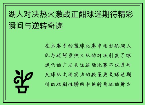 湖人对决热火激战正酣球迷期待精彩瞬间与逆转奇迹